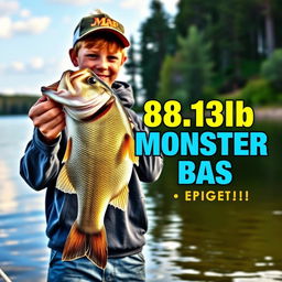 A vertical, vibrant thumbnail featuring a young angler standing on the shore of a picturesque lake, excitedly holding a massive 8