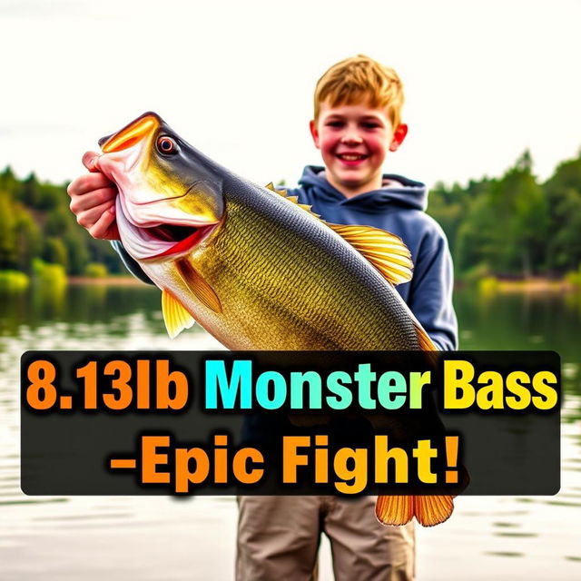 A vertical, vibrant thumbnail featuring a young angler standing on the shore of a picturesque lake, excitedly holding a massive 8