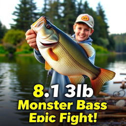 A vertical, vibrant thumbnail featuring a young angler standing on the shore of a picturesque lake, excitedly holding a massive 8