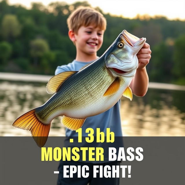 A vertical, vibrant thumbnail depicting a young angler standing on the shore of a tranquil lake, holding a massive 8