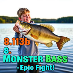 A vertical, vibrant thumbnail depicting a young angler standing on the shore of a tranquil lake, holding a massive 8