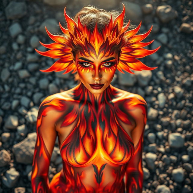 A stunning depiction of a woman adorned with vibrant body paint featuring bright oranges, reds, and yellows that explode from her eyes in a mesmerizing flame-like pattern