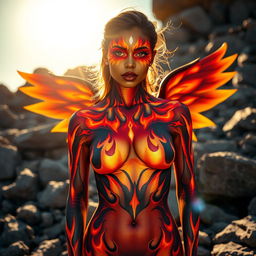 A stunning depiction of a woman adorned with vibrant body paint featuring bright oranges, reds, and yellows that explode from her eyes in a mesmerizing flame-like pattern