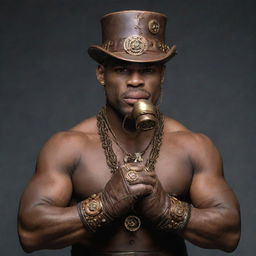 A steampunk boxer, dressed in an ensemble inspired by Victorian attire but modernized for agility. He sports brass-studded gloves and a mechanical mouthpiece. The ring ropes echo of taut copper piping, while a cog-and-gear adorned bell awaits the next round.