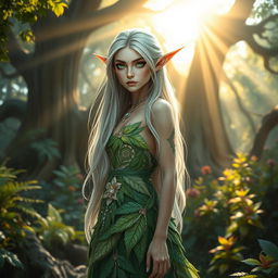 A mystical elf standing in a lush, enchanted forest