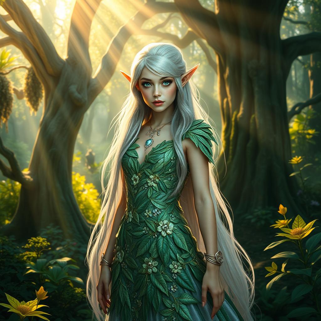 A mystical elf standing in a lush, enchanted forest