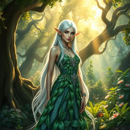 A mystical elf standing in a lush, enchanted forest