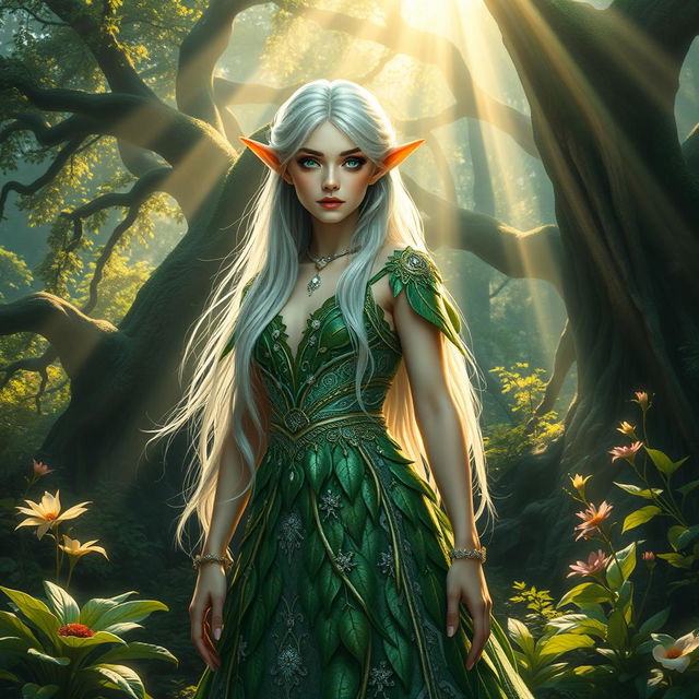 A mystical elf standing in a lush, enchanted forest