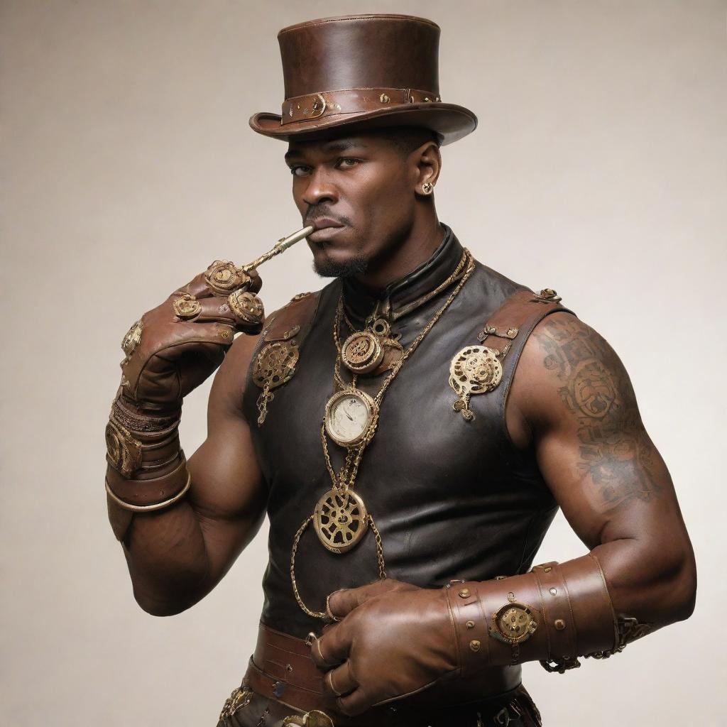 A steampunk boxer, dressed in an ensemble inspired by Victorian attire but modernized for agility. He sports brass-studded gloves and a mechanical mouthpiece. The ring ropes echo of taut copper piping, while a cog-and-gear adorned bell awaits the next round.