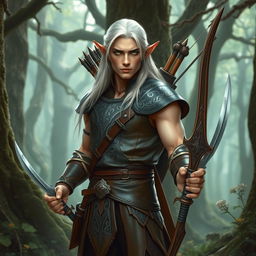 A male elf with striking green eyes, long white hair, and fair skin, standing in an ancient, mystical forest