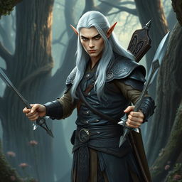 A male elf with striking green eyes, long white hair, and fair skin, standing in an ancient, mystical forest