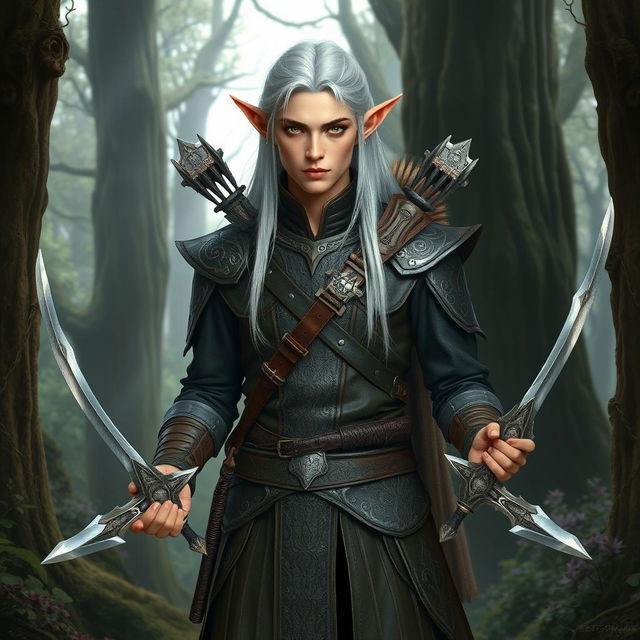 A male elf with striking green eyes, long white hair, and fair skin, standing in an ancient, mystical forest