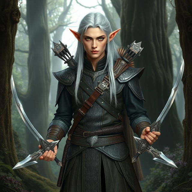 A male elf with striking green eyes, long white hair, and fair skin, standing in an ancient, mystical forest