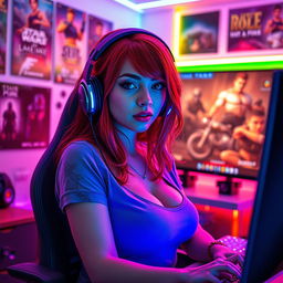 A beautiful and sensual red-haired female gamer sitting at her colorful gaming setup, wearing stylish headphones and a casual yet trendy outfit
