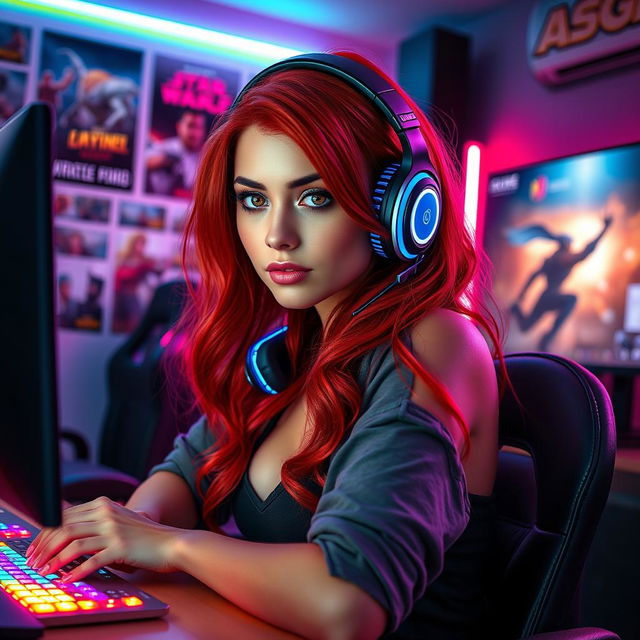 A beautiful and sensual red-haired female gamer sitting at her colorful gaming setup, wearing stylish headphones and a casual yet trendy outfit