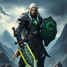 A male warrior elf named Matadragones, standing tall in a dramatic fantasy landscape