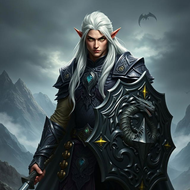 A male warrior elf named Matadragones, standing tall in a dramatic fantasy landscape