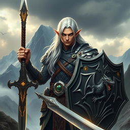 A male warrior elf named Matadragones, standing tall in a dramatic fantasy landscape