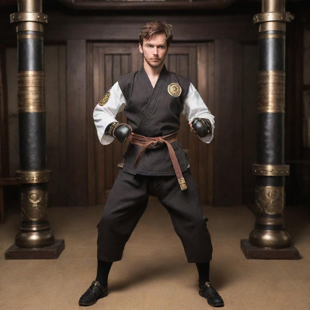 A steampunk-karateka in a modified Victorian-era Gi with brass button details and sparring gear, like mechanized gauntlets. The karate setting includes a dojo with wrought-iron gates, gear-filled banners, and an oil lamp illuminate decor.