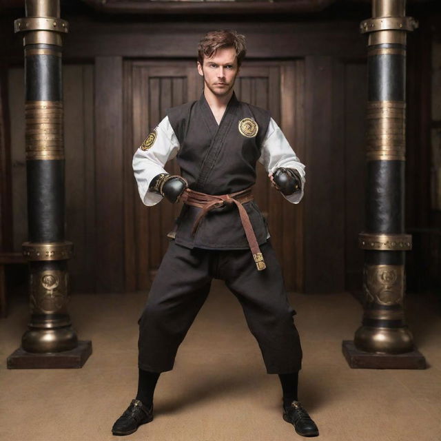 A steampunk-karateka in a modified Victorian-era Gi with brass button details and sparring gear, like mechanized gauntlets. The karate setting includes a dojo with wrought-iron gates, gear-filled banners, and an oil lamp illuminate decor.