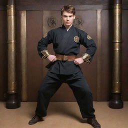 A steampunk-karateka in a modified Victorian-era Gi with brass button details and sparring gear, like mechanized gauntlets. The karate setting includes a dojo with wrought-iron gates, gear-filled banners, and an oil lamp illuminate decor.