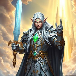 A paladin elf named El Mata Dragones, standing heroically in a celestial setting
