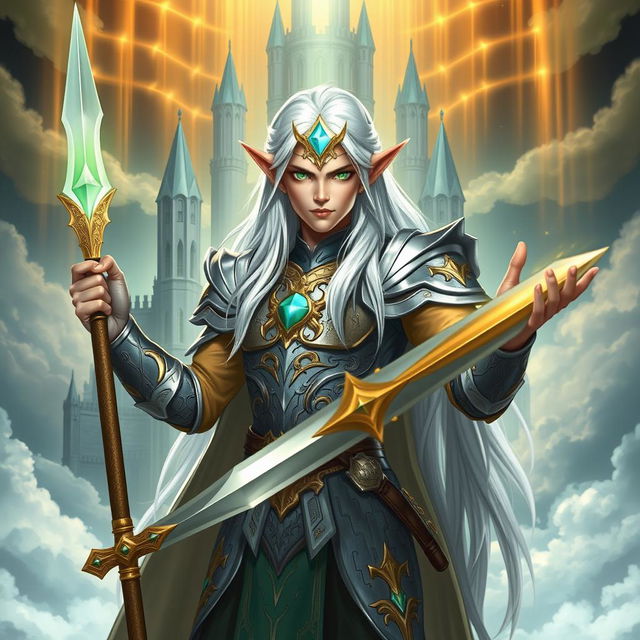 A paladin elf named El Mata Dragones, standing heroically in a celestial setting