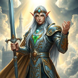 A paladin elf named El Mata Dragones, standing heroically in a celestial setting