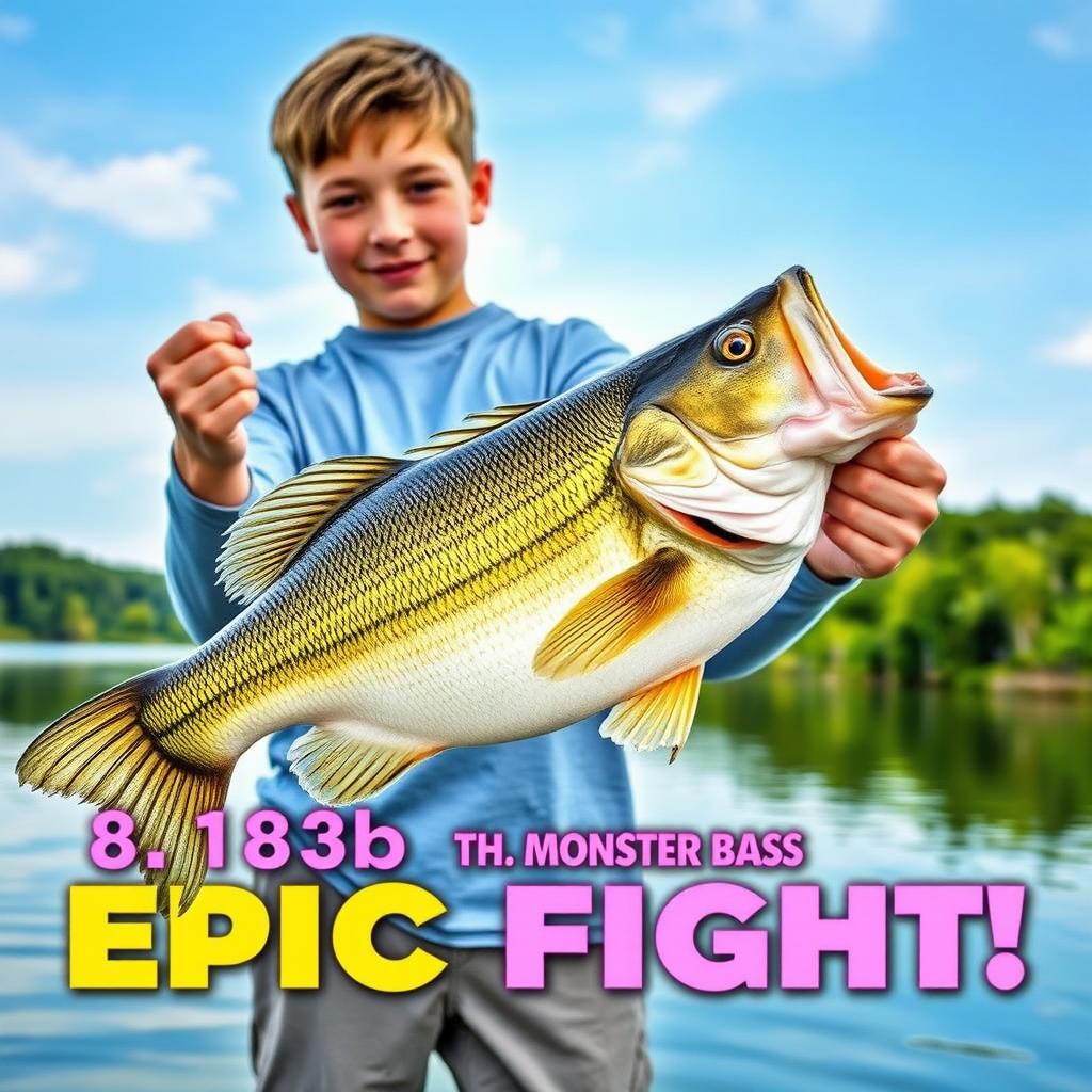 A vertical, vibrant thumbnail featuring a young angler standing on the shore of a beautiful lake, holding proudly a massive 8