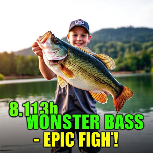 A vertical, vibrant thumbnail featuring a young angler standing on the shore of a beautiful lake, holding proudly a massive 8