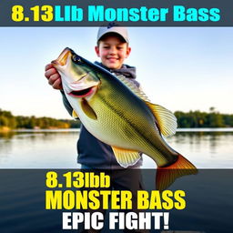 A vertical, vibrant thumbnail featuring a young angler standing on the shore of a beautiful lake, holding proudly a massive 8
