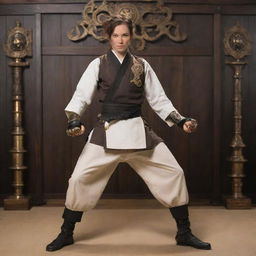 A steampunk-karateka in a modified Victorian-era Gi with brass button details and sparring gear, like mechanized gauntlets. The karate setting includes a dojo with wrought-iron gates, gear-filled banners, and an oil lamp illuminate decor.