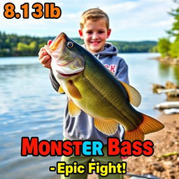 A vertical, vibrant thumbnail featuring a young angler standing on the shore of a beautiful lake, holding proudly a massive 8