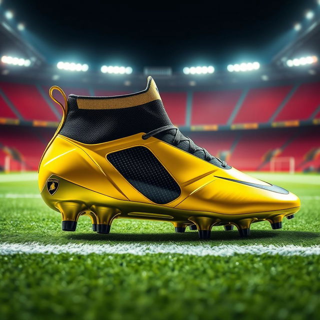 A stunning visual concept of a football boot designed by Lamborghini, featuring an ultra-modern and sleek design that embodies the spirit of speed and luxury