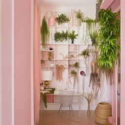 A home office designed with a white wall abundantly covered with fake plants. Additional interiors include elements of soft pink, warm wood, and a primary white theme throughout.