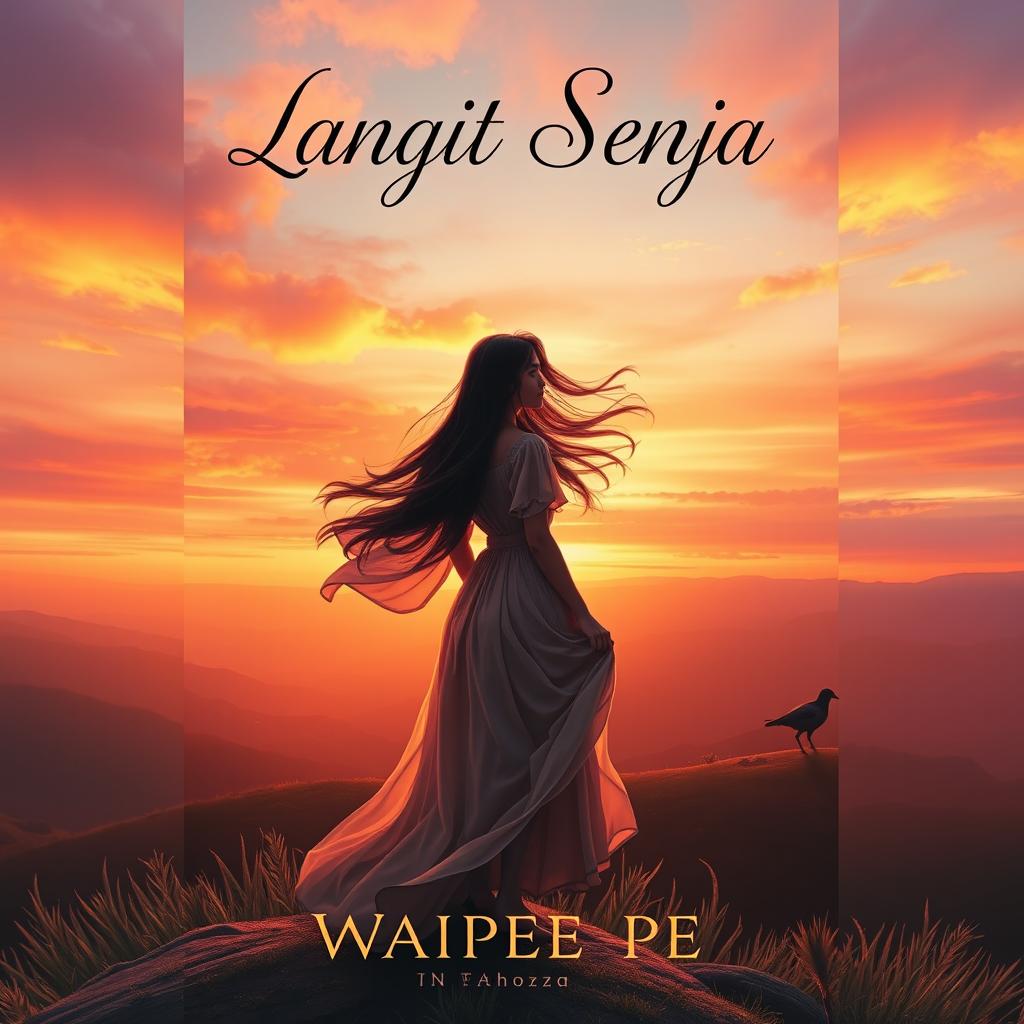 A captivating novel cover for 'Langit Senja' featuring a strong and beautiful female protagonist standing on a breathtaking hilltop during sunset