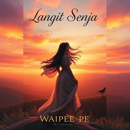 A captivating novel cover for 'Langit Senja' featuring a strong and beautiful female protagonist standing on a breathtaking hilltop during sunset