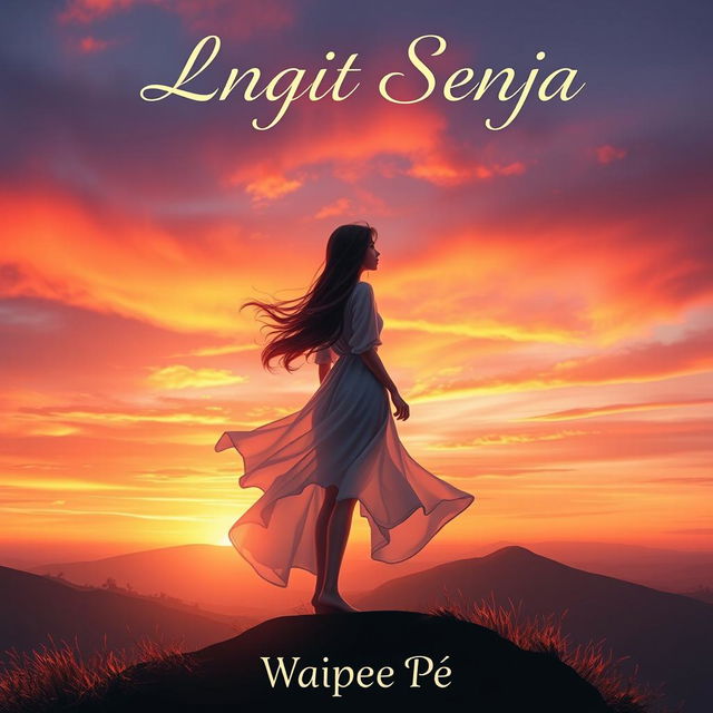 A captivating novel cover for 'Langit Senja' featuring a strong and beautiful female protagonist standing on a breathtaking hilltop during sunset