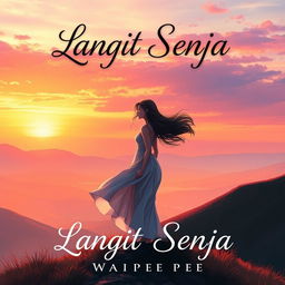A captivating novel cover for 'Langit Senja' featuring a strong and beautiful female protagonist standing on a breathtaking hilltop during sunset