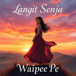 A captivating novel cover for 'Langit Senja' featuring a strong and beautiful female protagonist standing on a breathtaking hilltop during sunset