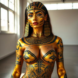 A breathtaking image of a woman adorned with body paint, where the nipple outline is subtly visible yet tastefully covered