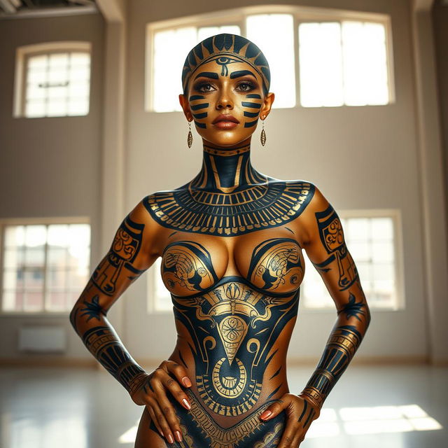 A breathtaking image of a woman adorned with body paint, where the nipple outline is subtly visible yet tastefully covered