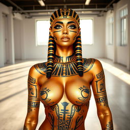 A breathtaking image of a woman adorned with body paint, where the nipple outline is subtly visible yet tastefully covered