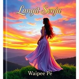 A stunning novel cover for 'Langit Senja' featuring a captivating female protagonist standing gracefully on a scenic hill during sunset