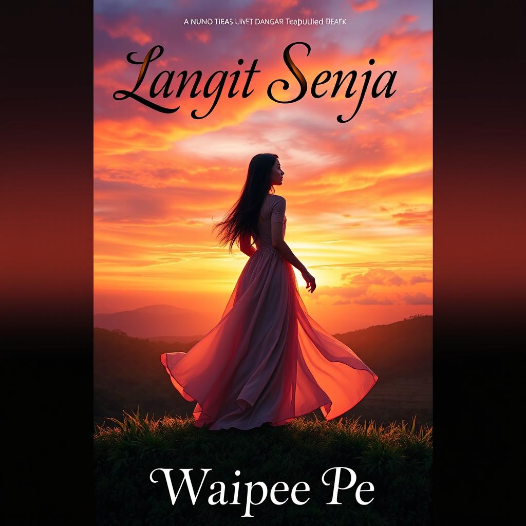 A stunning novel cover for 'Langit Senja' featuring a captivating female protagonist standing gracefully on a scenic hill during sunset