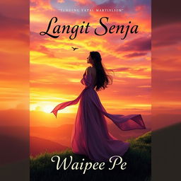 A stunning novel cover for 'Langit Senja' featuring a captivating female protagonist standing gracefully on a scenic hill during sunset