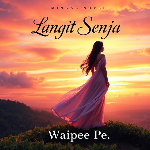 A stunning novel cover for 'Langit Senja' featuring a captivating female protagonist standing gracefully on a scenic hill during sunset