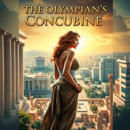 A captivating book cover for 'The Olympian's Concubine', set in a modernized ancient city where Greek gods have secretly created a sanctuary, shielded from the rest of the world
