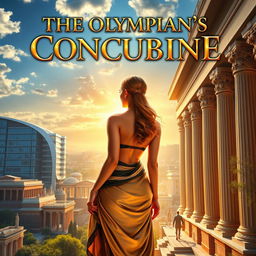 A captivating book cover for 'The Olympian's Concubine', set in a modernized ancient city where Greek gods have secretly created a sanctuary, shielded from the rest of the world