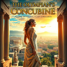 A captivating book cover for 'The Olympian's Concubine', set in a modernized ancient city where Greek gods have secretly created a sanctuary, shielded from the rest of the world